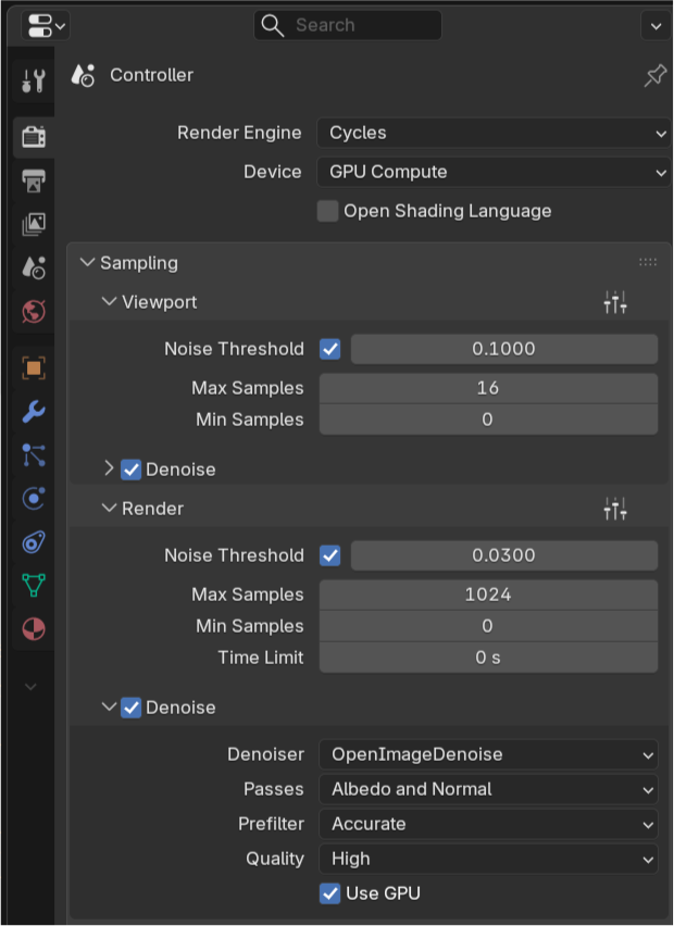Blender Render Properties: camera icon selected, Cycles, GPU Compute, and Sampling with Denoise