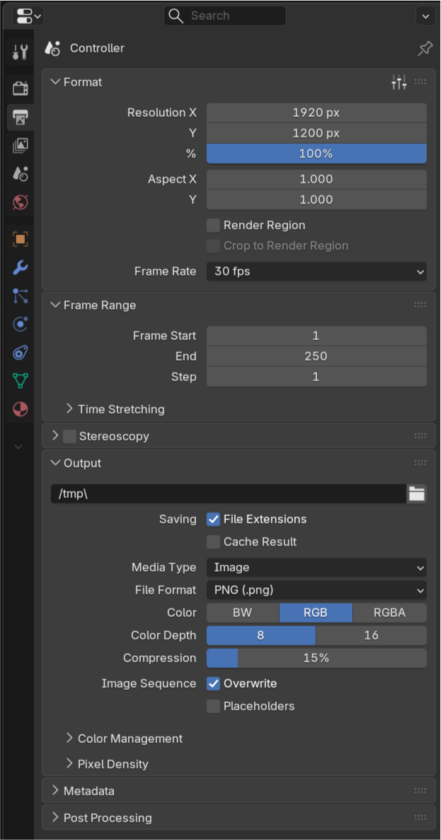 Blender Output Properties: printer icon selected, Resolution, Media Type Image, and File Format PNG