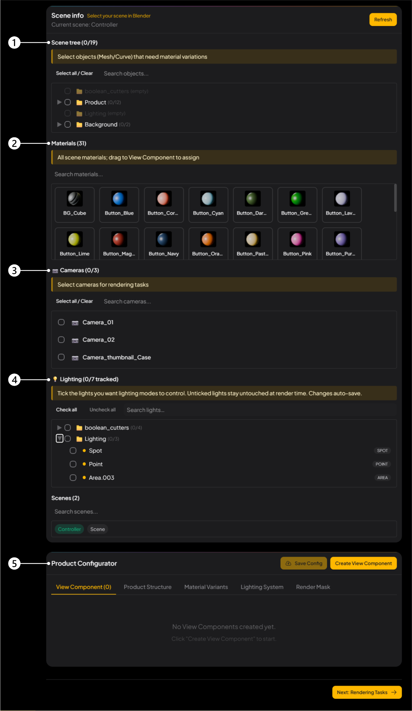 VisibleIO CMS Product Configurator with panels 1–5: Scene tree, Materials, Cameras, Lighting, Product Configurator