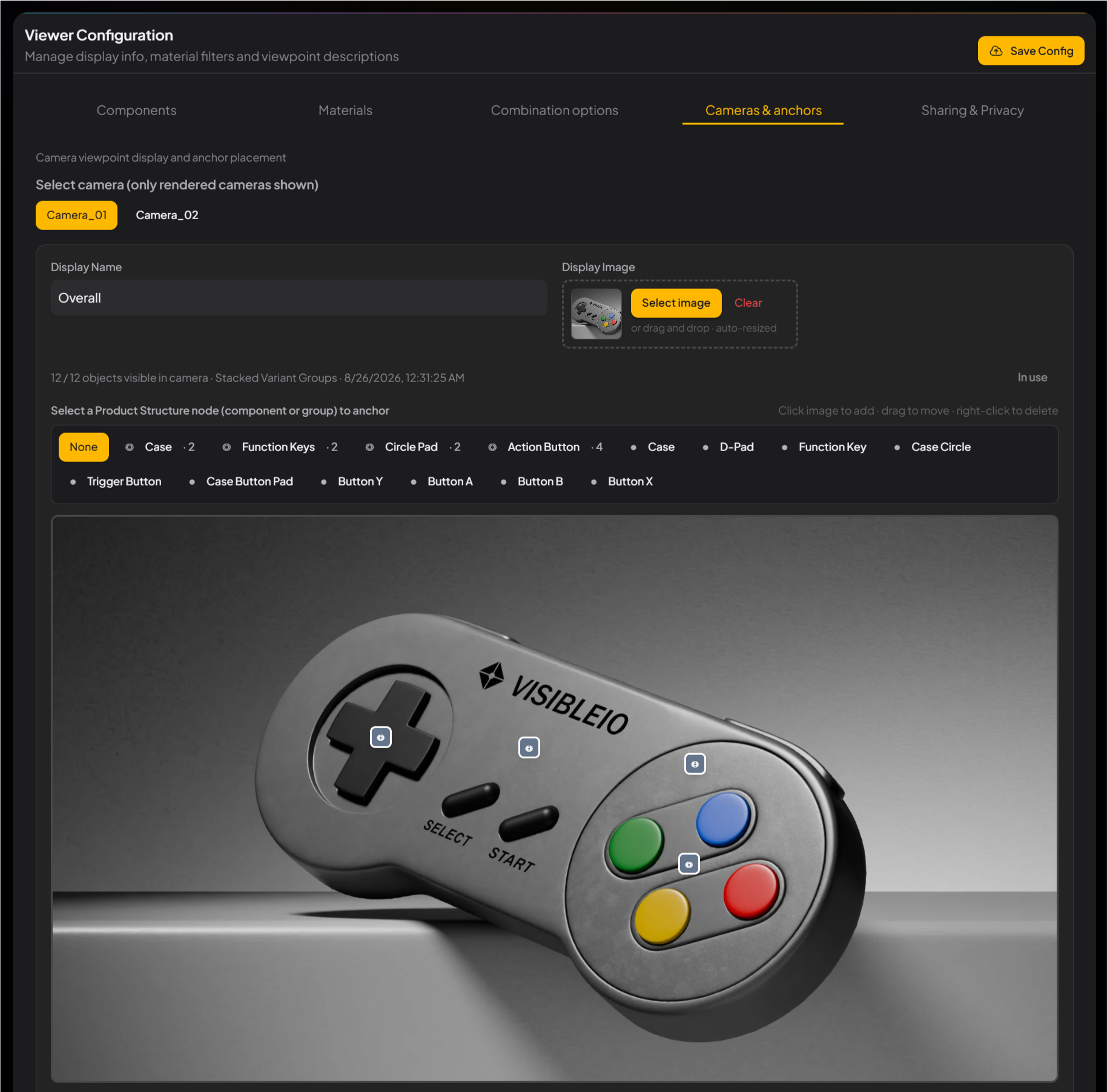 Cameras & anchors tab: after selecting a camera, anchors placed on the gamepad image