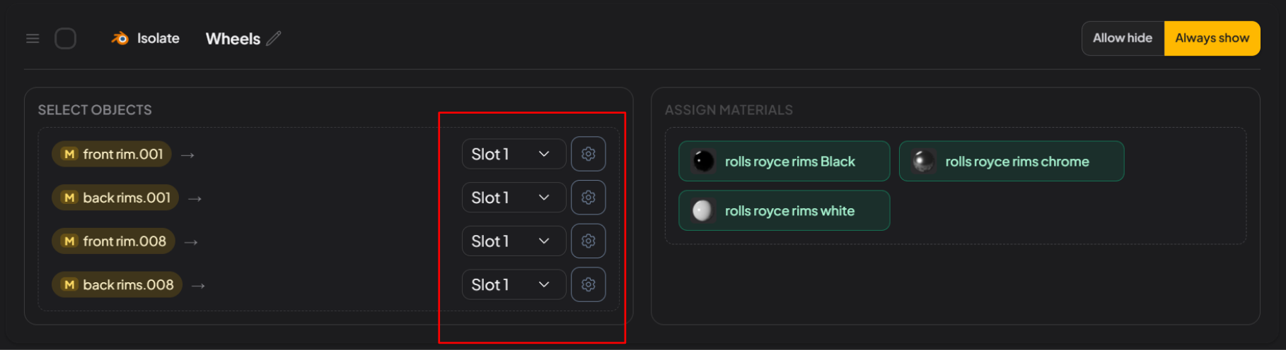 Wheels Select objects: front and rear rims set to Slot 1, with three rim materials in Assign Materials