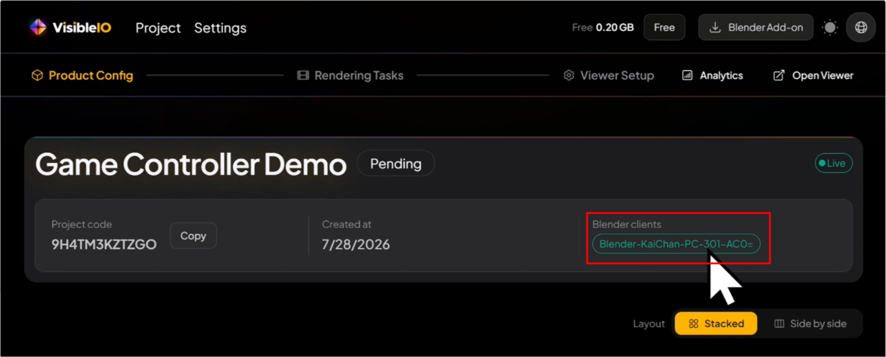 VisibleIO project page Blender clients listing a connected Blender client