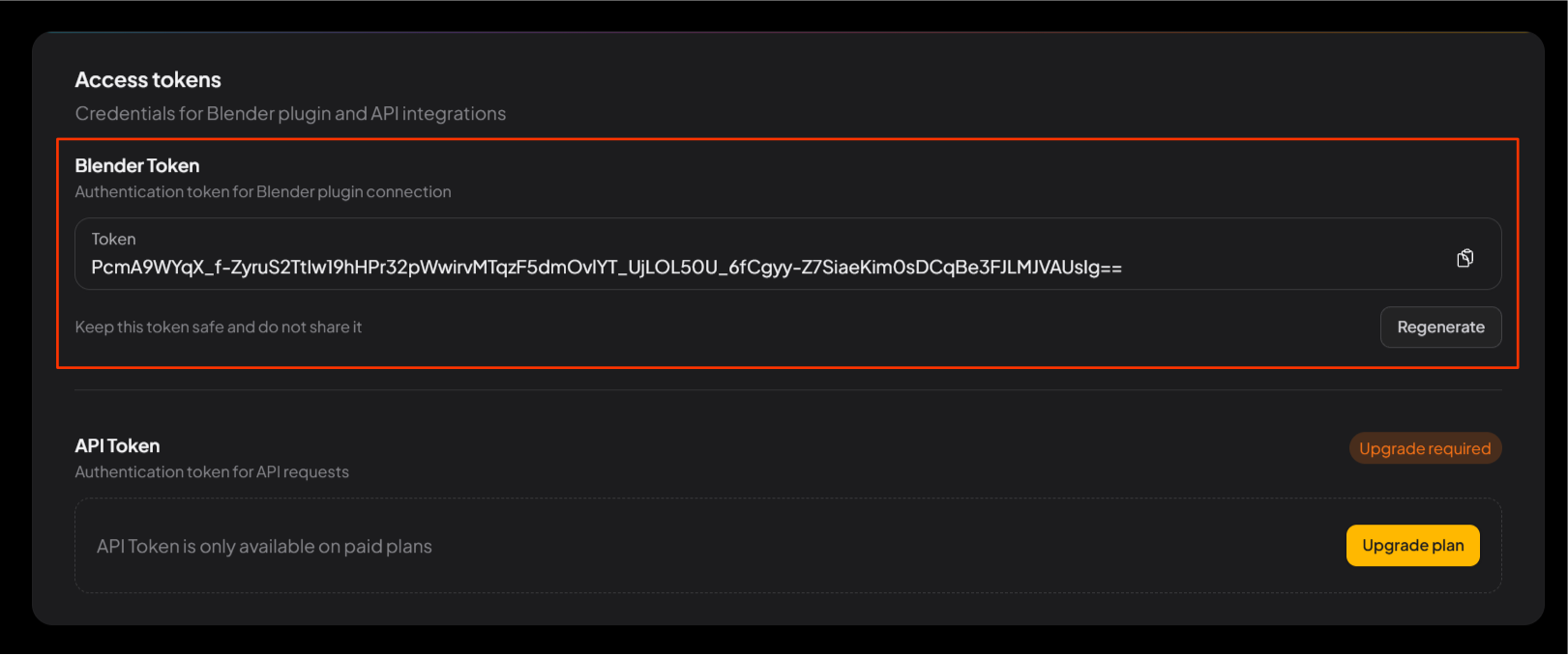 VisibleIO CMS Access tokens page, cursor on Blender Token and Copy
