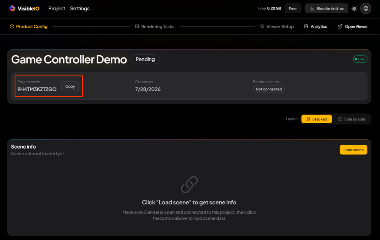 VisibleIO project page showing Project code and Copy