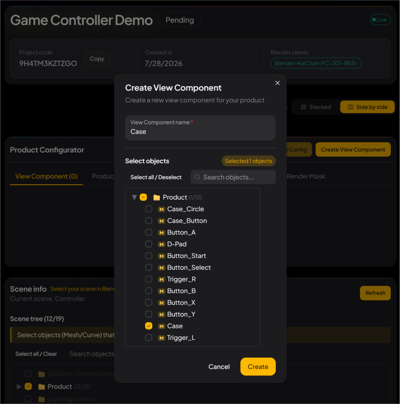 VisibleIO CMS Create View Component dialog: named Case, with the matching object checked in Scene tree
