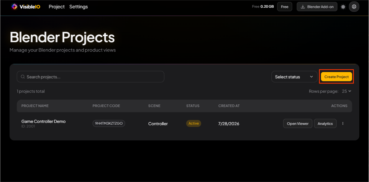 VisibleIO CMS Blender Projects page with Create Project at the top right