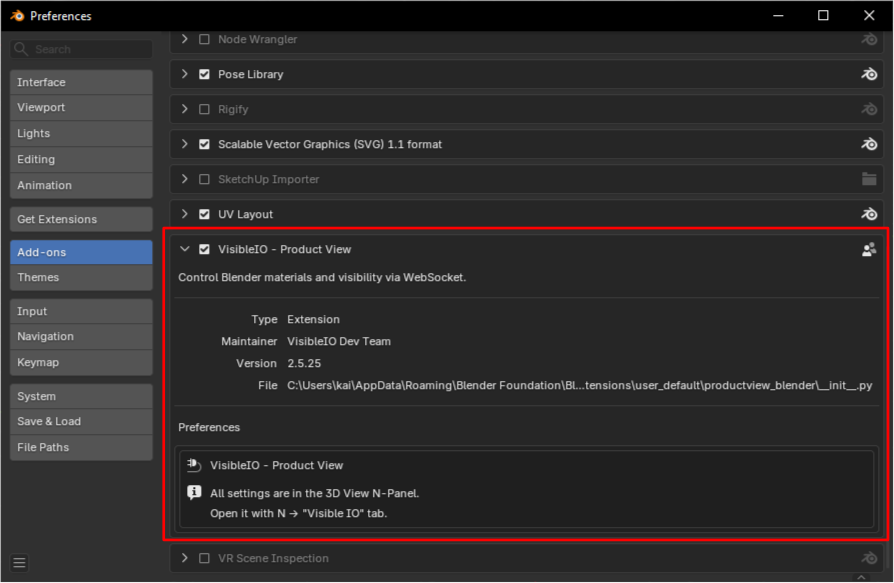 Blender Preferences Add-ons panel with VisibleIO - Product View enabled