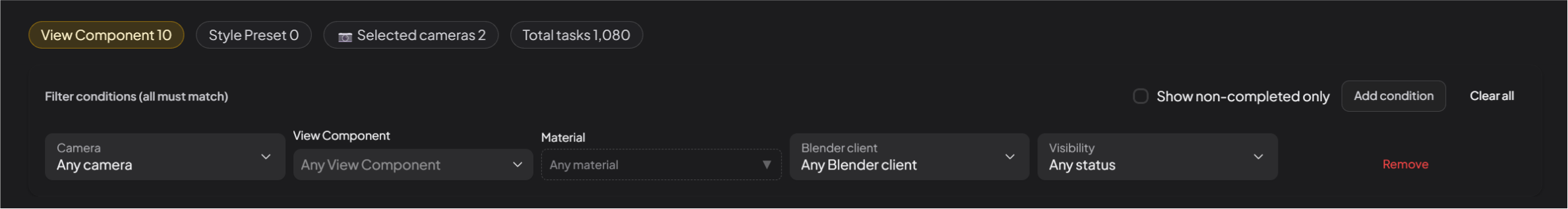 Rendering task set filters: Camera, View Component, Material, status, and other conditions