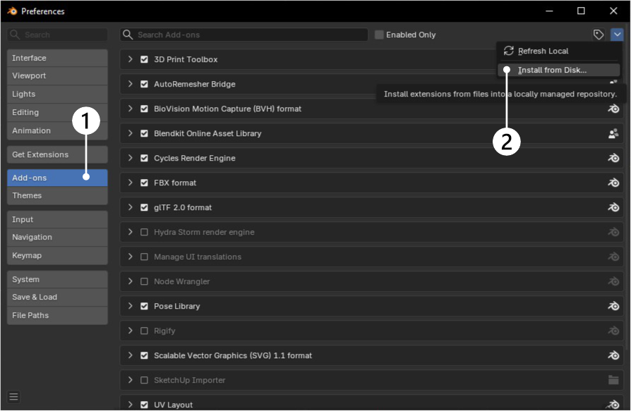 Blender Preferences Add-ons panel with Install from Disk in the top-right menu