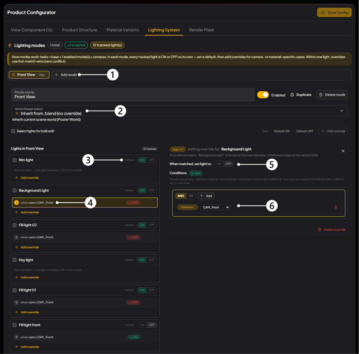 Product Configurator Lighting System tab: Add mode, World, default light switches, override summary, override target state, and the condition editor labeled