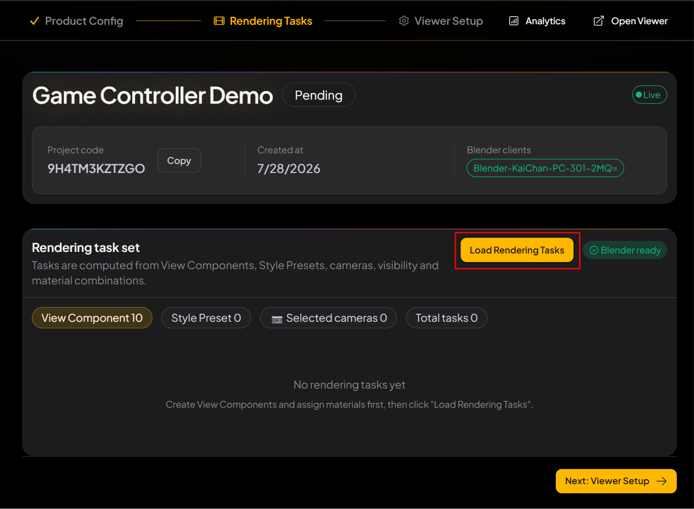 Rendering Tasks tab: Load Rendering Tasks button and Blender ready status