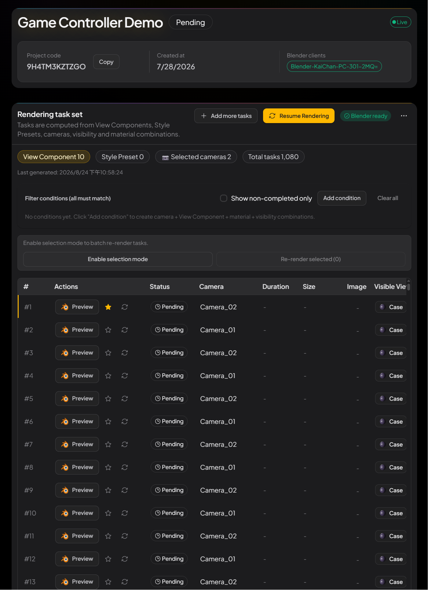 Rendering task set queue: 1,080 Pending tasks and the Resume Rendering button