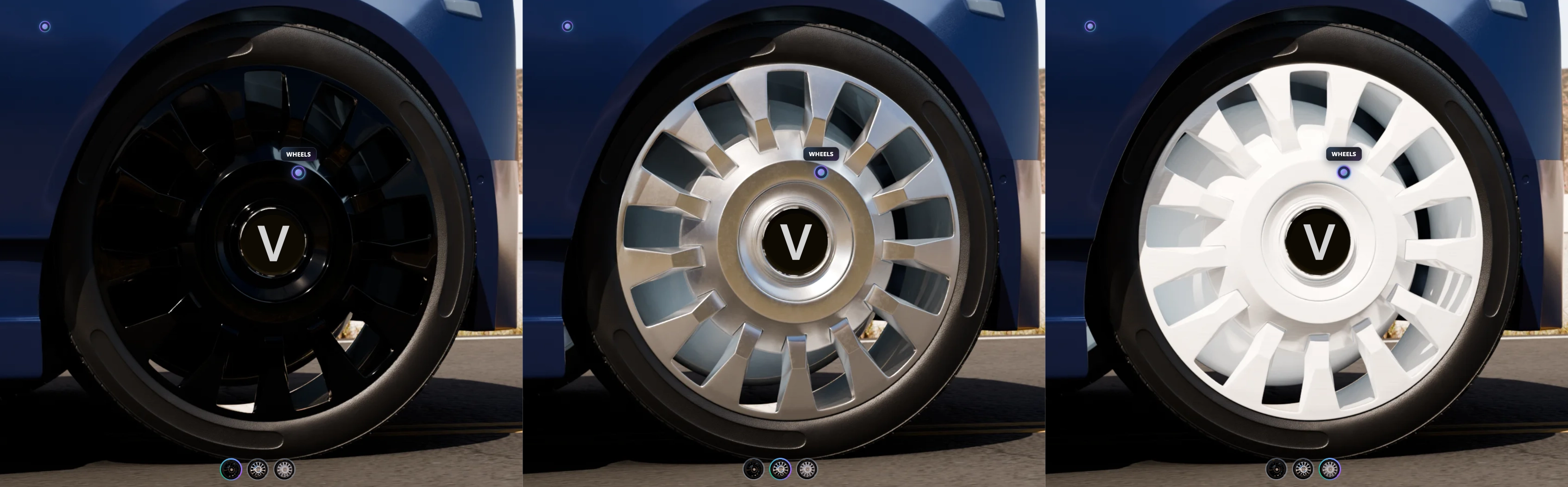 Wheels example: four rims sharing one rim-material switch, with a logo on a second slot