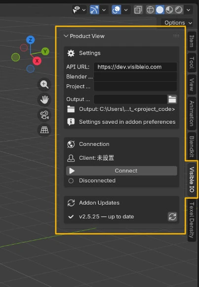 Blender 3D Viewport Sidebar showing the VisibleIO panel with Product View, Connection, and Addon Updates