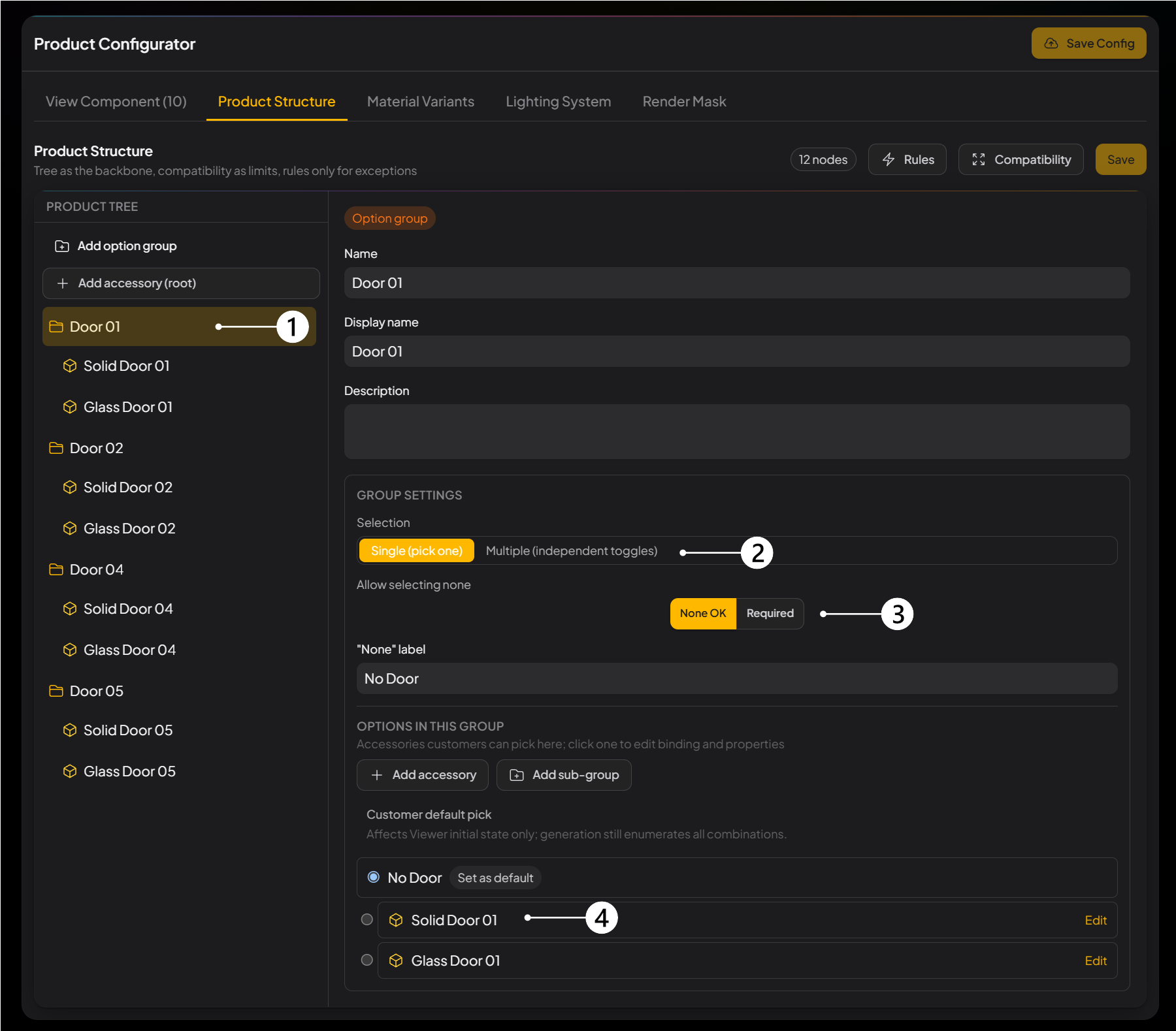 Product Configurator Product Structure tab: Product tree, Selection, Allow selecting none, and Options in this group labeled