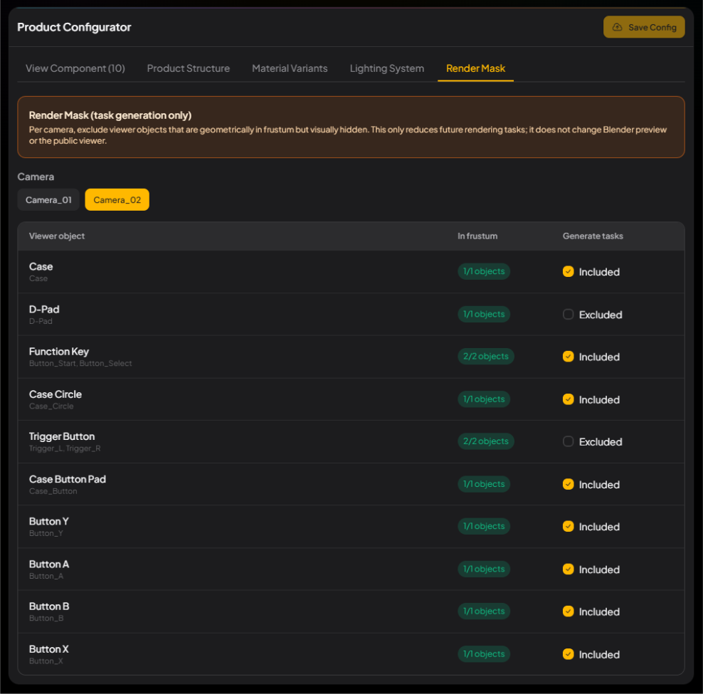 Product Configurator Render Mask tab: per-camera View Components included in Rendering Tasks