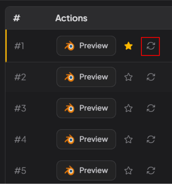 Rendering Tasks table Actions column with the Re-render (cycle arrow) icon marked