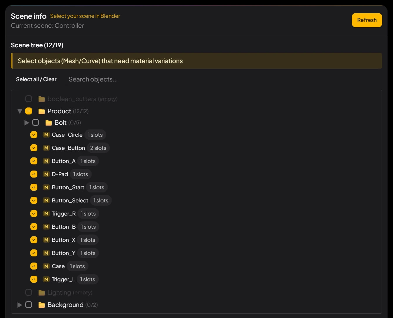 VisibleIO CMS Scene Info: Scene tree with Product objects that need material changes checked, plus Material Slot counts