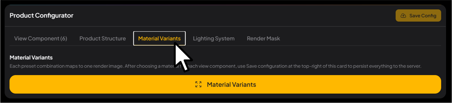Product Configurator with the Material Variants tab selected and the button below to open the settings page