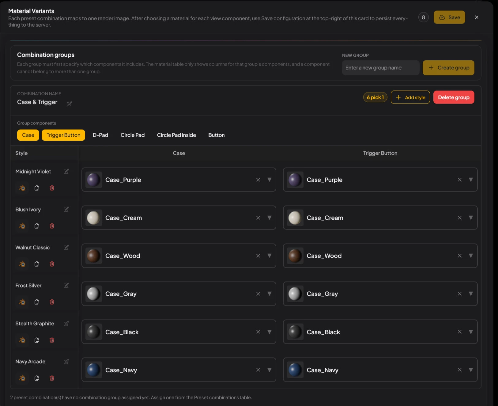 Case & Trigger group: six named styles, each assigning materials to Case and Trigger Button