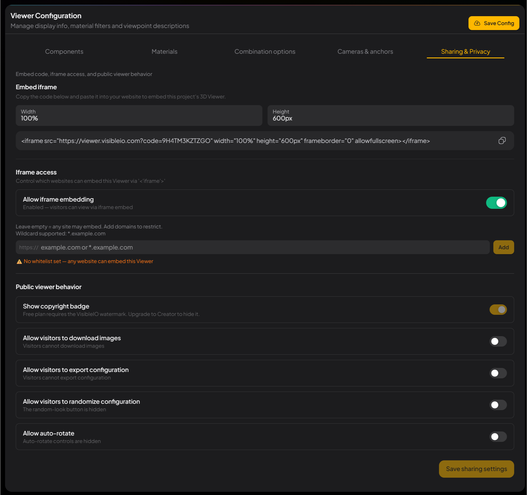 Viewer Configuration Sharing & Privacy tab: Embed iframe, Iframe access, and Public viewer behavior