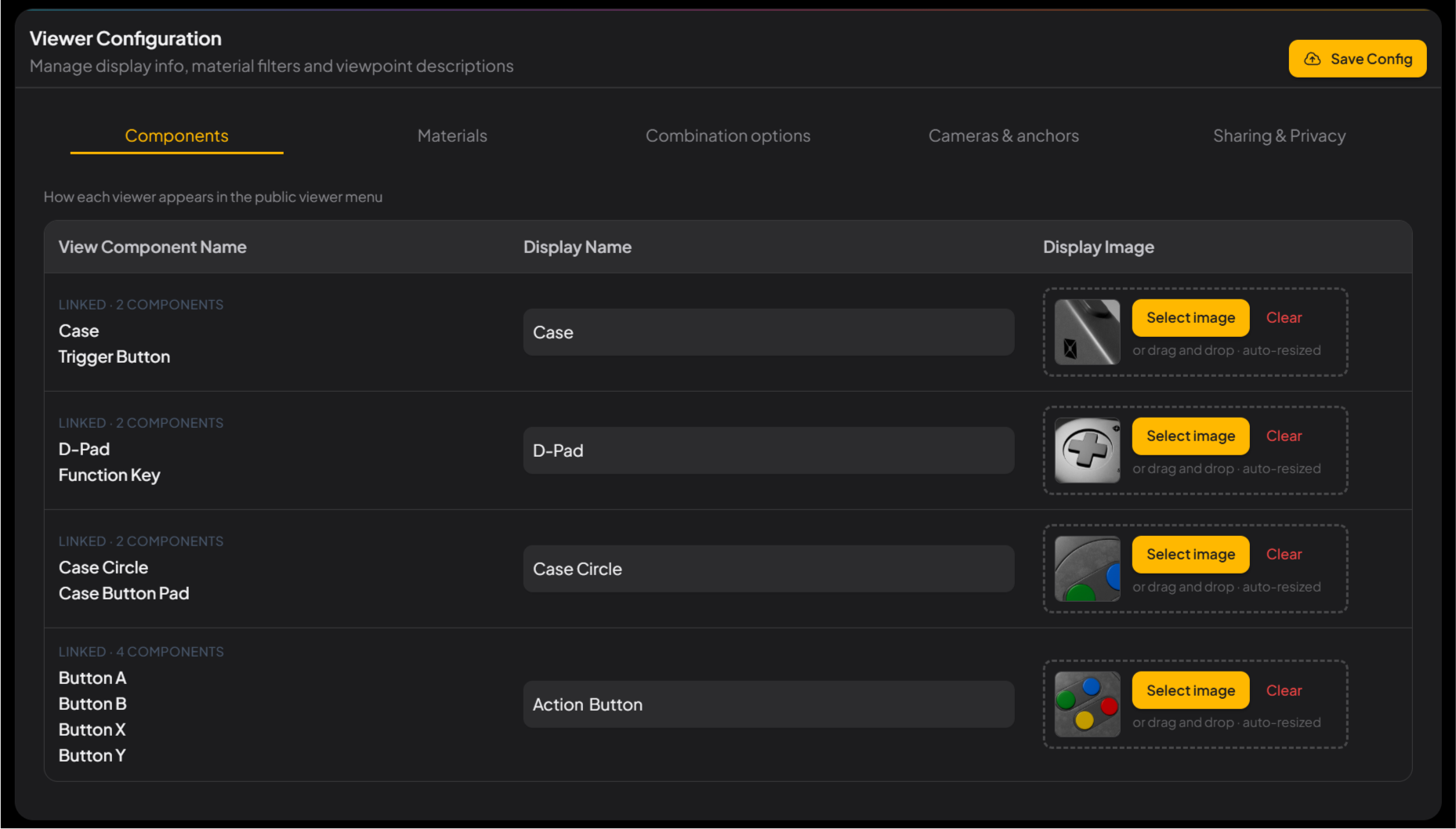 Viewer Configuration View Component tab: Display Name and display image fields