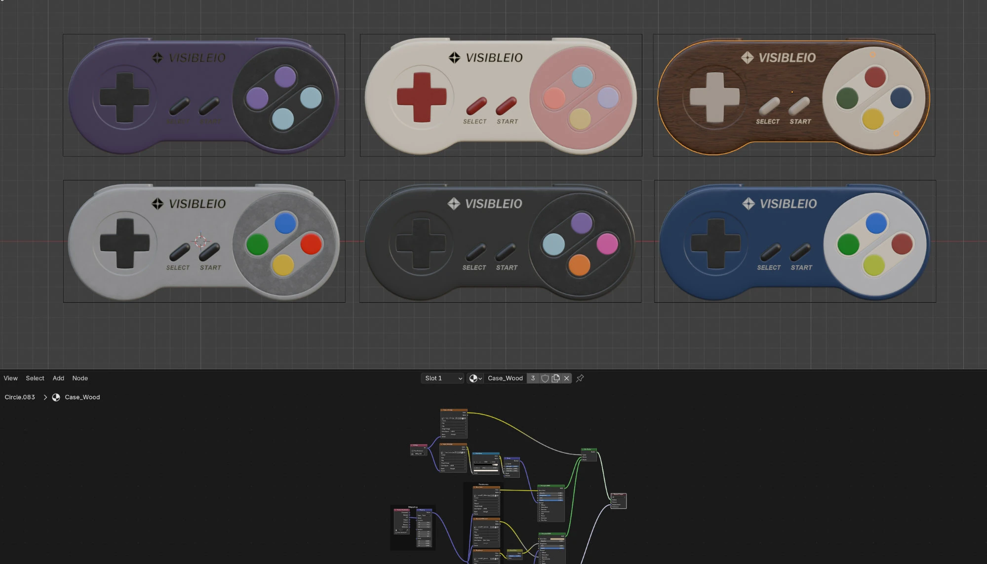 Blender 3D Viewport and Shader Editor: gamepad previews of several material looks, plus named materials such as Case_Wood and their Material Slots